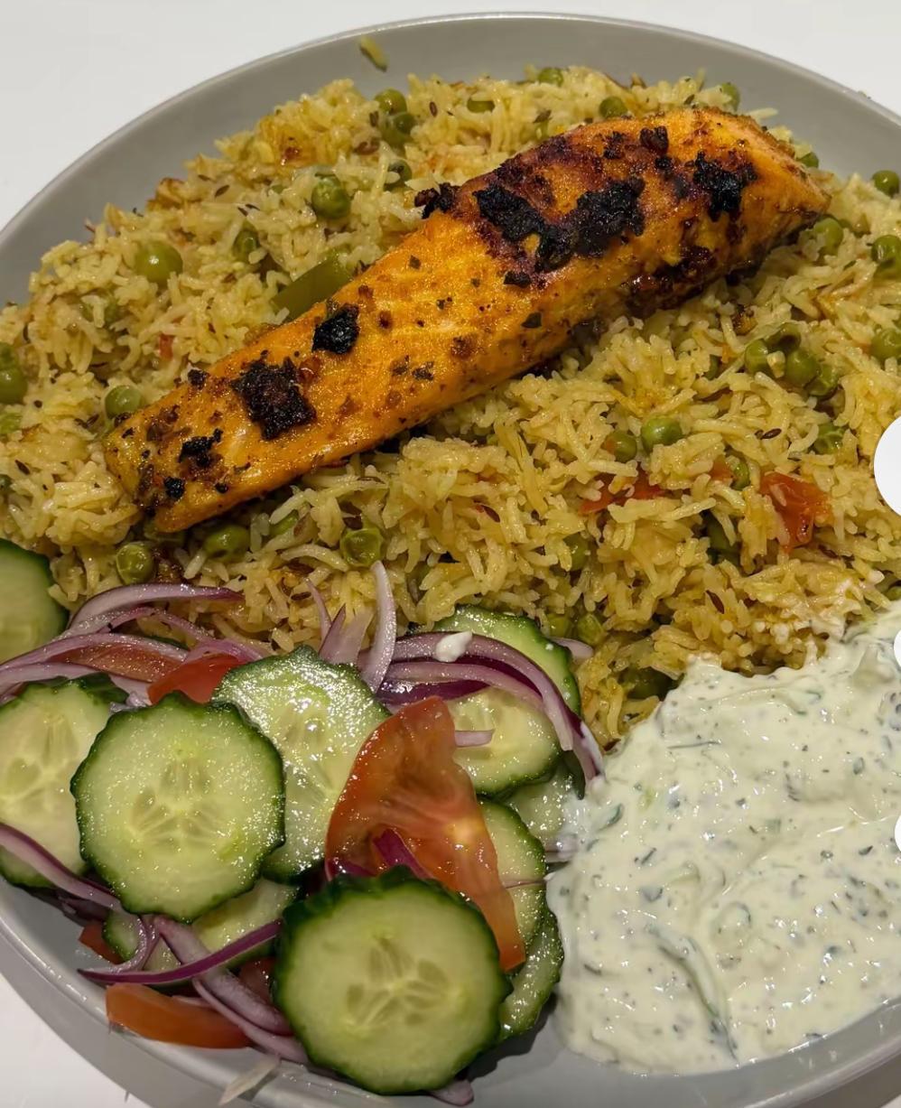 Grilled salmon with seasoned rice and raita