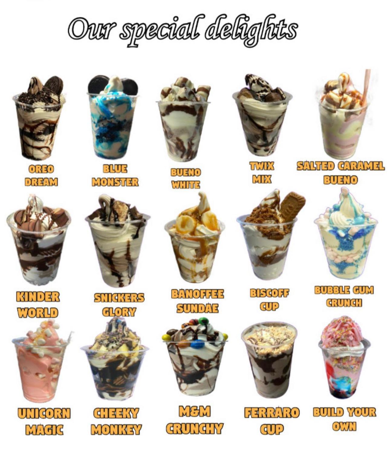 Our special delights ice cream sundaes